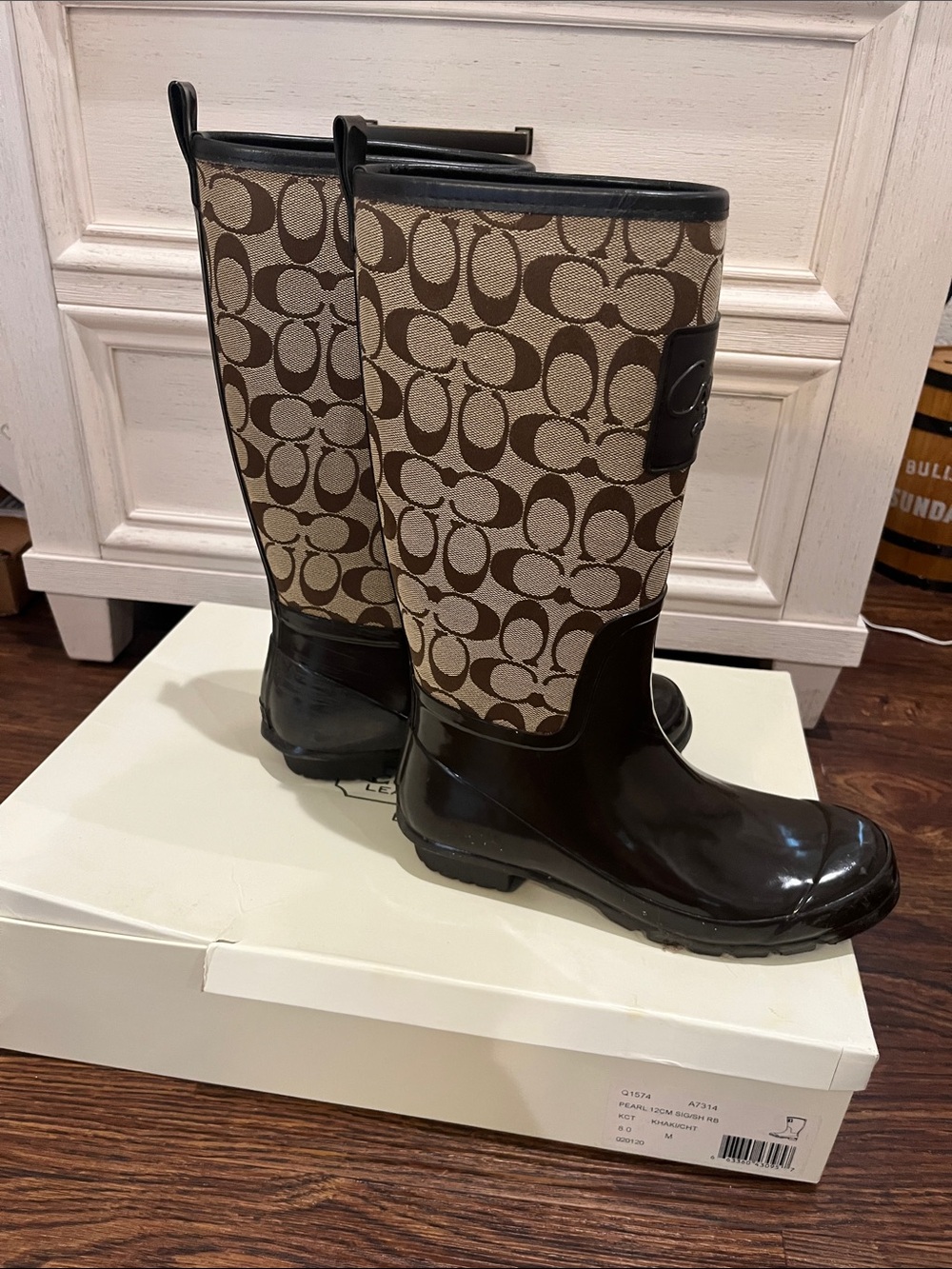 Coach Brown and Tan Signature Logo Tall Rain Boots